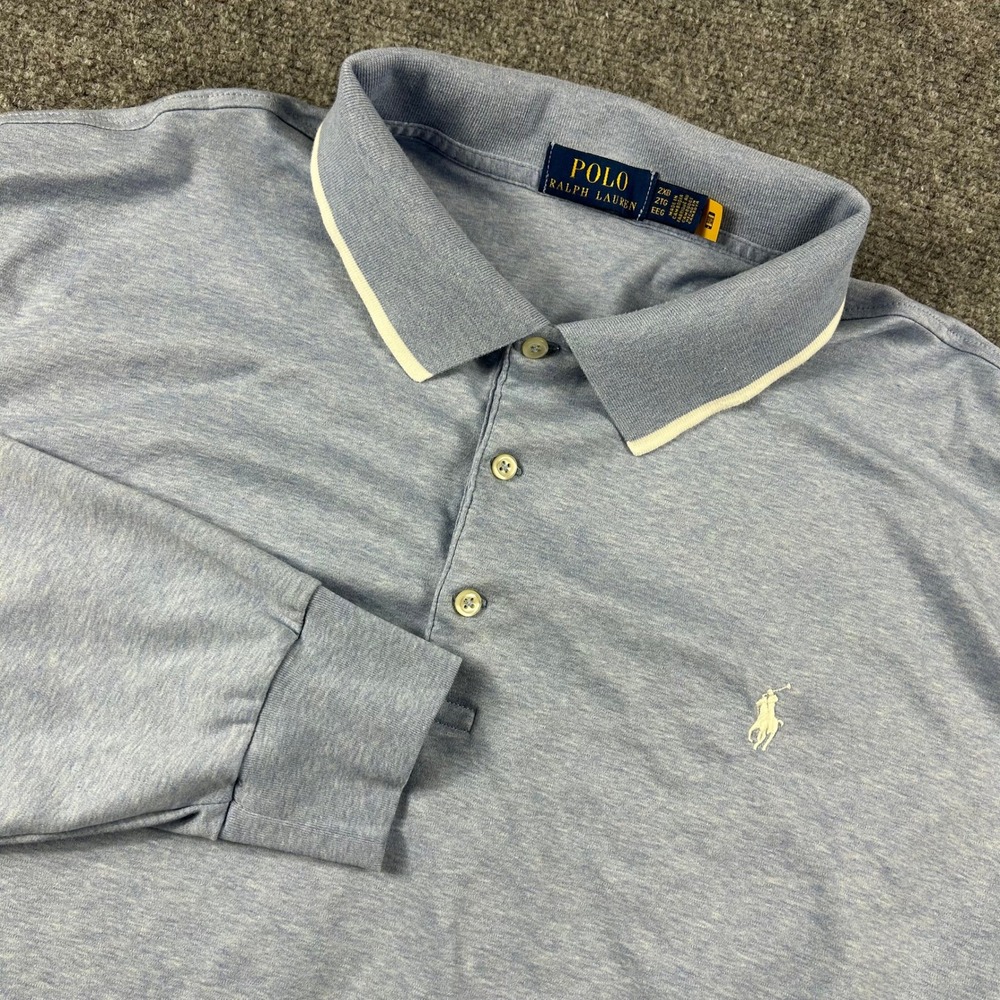 Polo Ralph Lauren Long Sleeve Polo Mens 2XB Blue Heathered Cotton Big & Tall